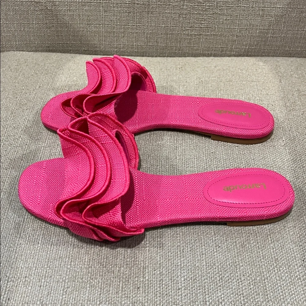NEW Larroude Ivy Ruffle Slip On Mule Flat SANDALS Size 8.5 Pink Raffia - Picture 6 of 8